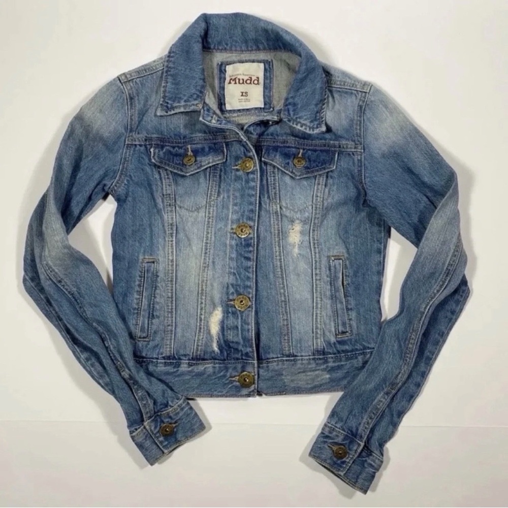 Mudd Juniors Jean Jacket Sz XS Medium Wash Distressed 100% Cotton Button Up